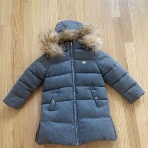 Tartine et Chocolat Kids Grey Hooded Puffer Coat with Faux Fur Trim